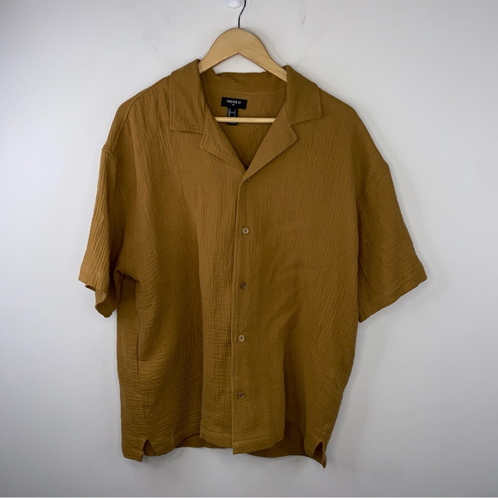 NWOT Forever 21 Mens Large Button Up Short Sleeve Shirt Brown Waffle